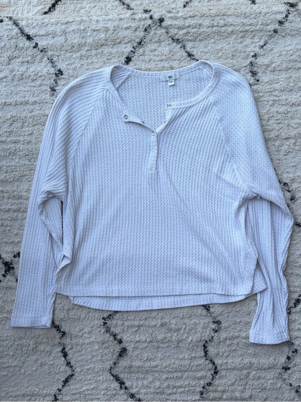 bp White Waffle Henley Long Sleeve Top